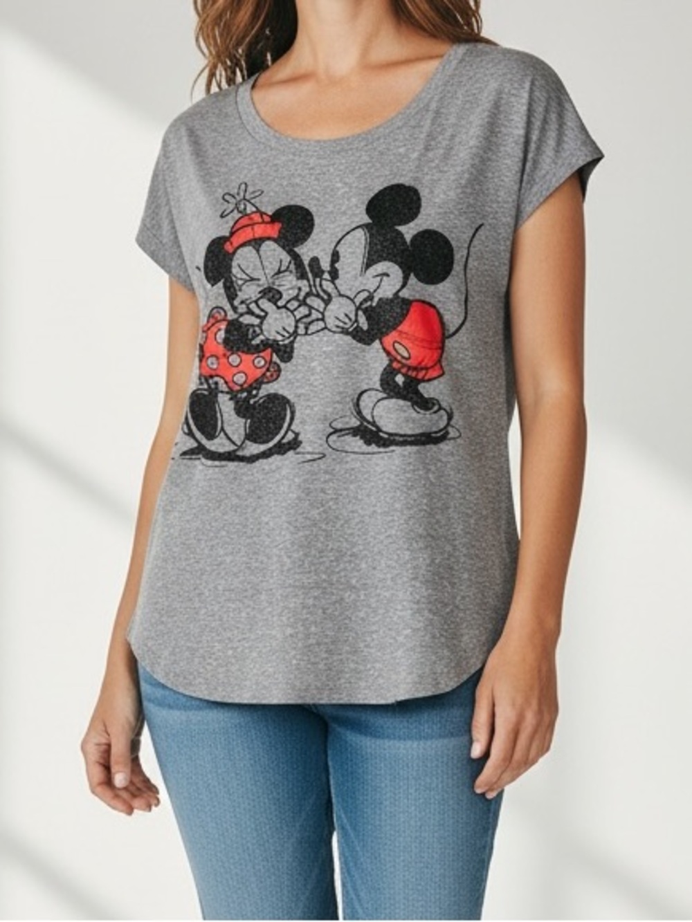 Disney Grey Short-Sleeve Minnie & Mickey Graphic Tee with Red Accents